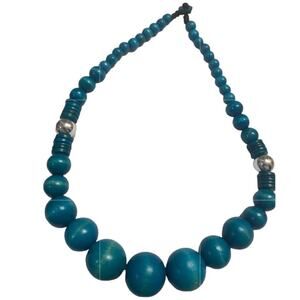 Turquoise Chunky Wooden Bead Silver Tone Bead Necklace